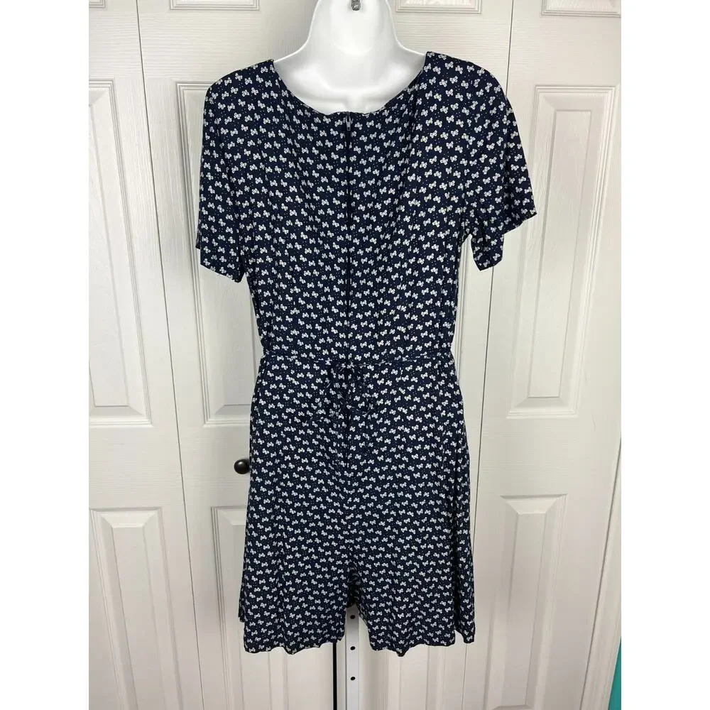Vintage Bow Print Romper Dress Blue Rayon 90s Button‎ Front XS